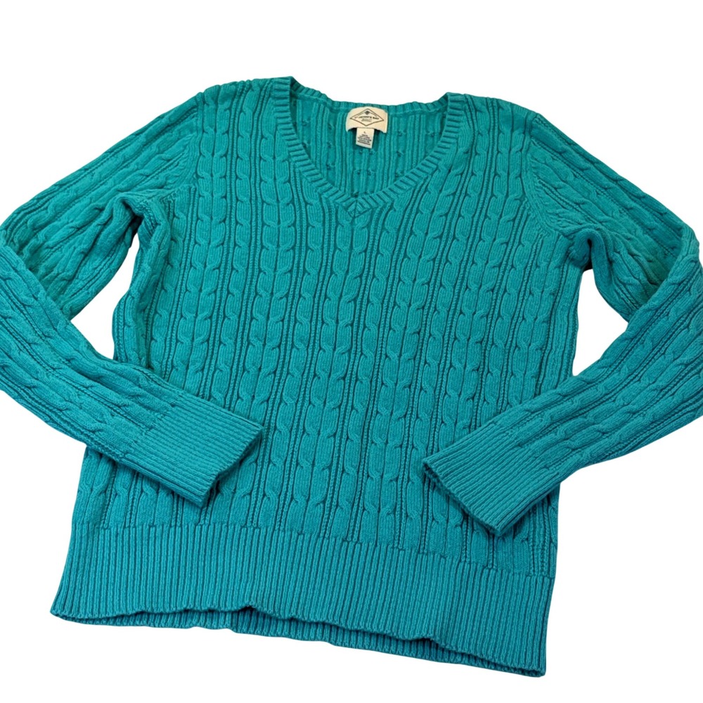 St Johns Bay Womens Teal Blue Cable Knit V-Neck Sweater Large 1111B7
